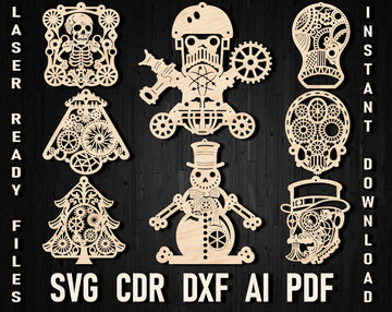 Laser Engraving SVG Files: Steampunk Xmas Designs Ornaments for CNC, Xtool & Glowforge – LightBurn DXF Templates