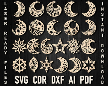 Moon & Stars Laser Cut Earrings SVG/DXF/CDR Bundle – Glowforge, Xtool Templates, Celestial Pendant Projects