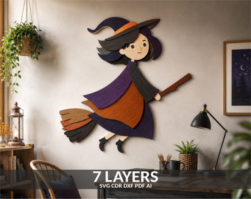 Witch on Broom multilayer laser cut file SVG vector design