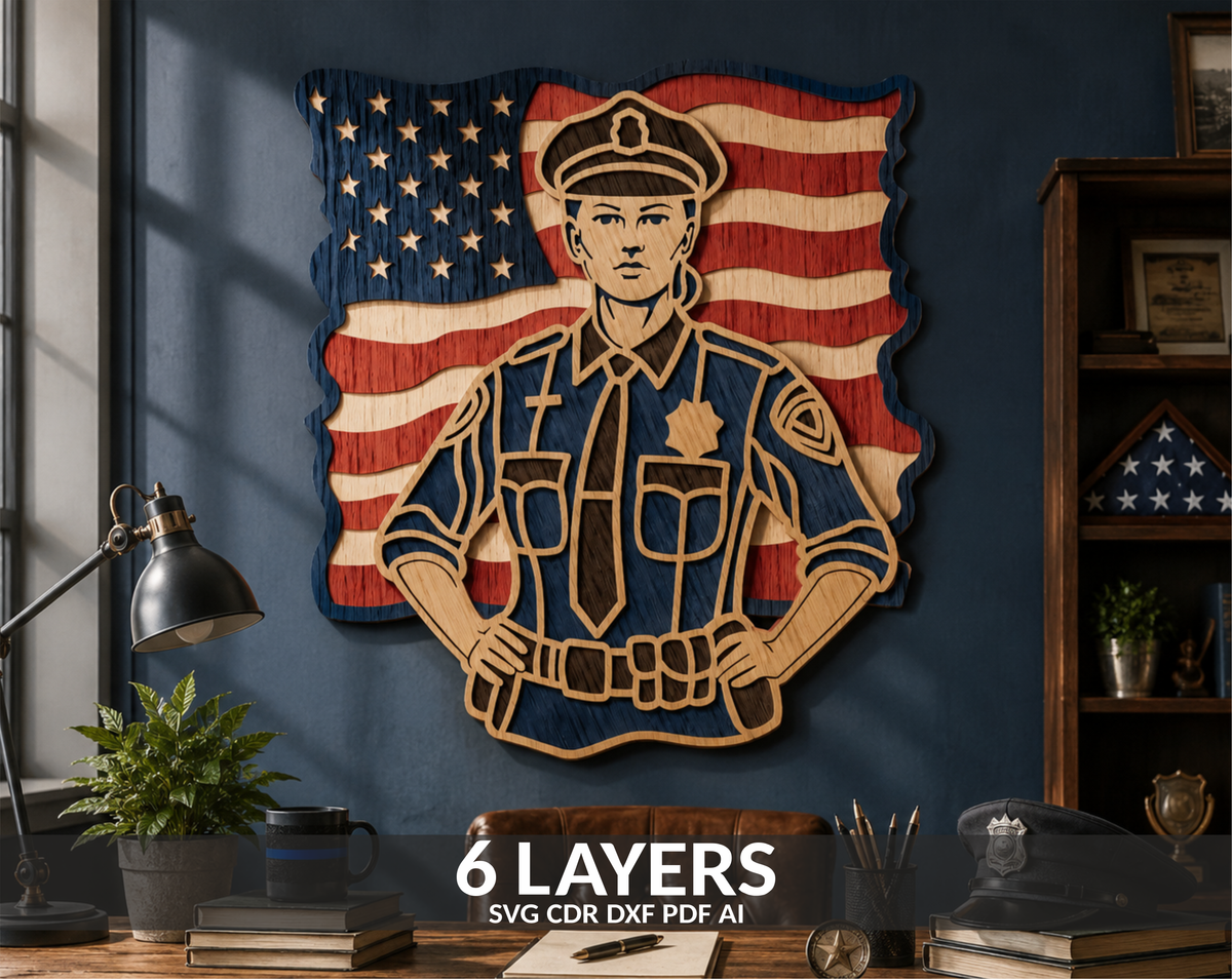 Woman Police Officer USA Flag multilayer laser cut file SVG