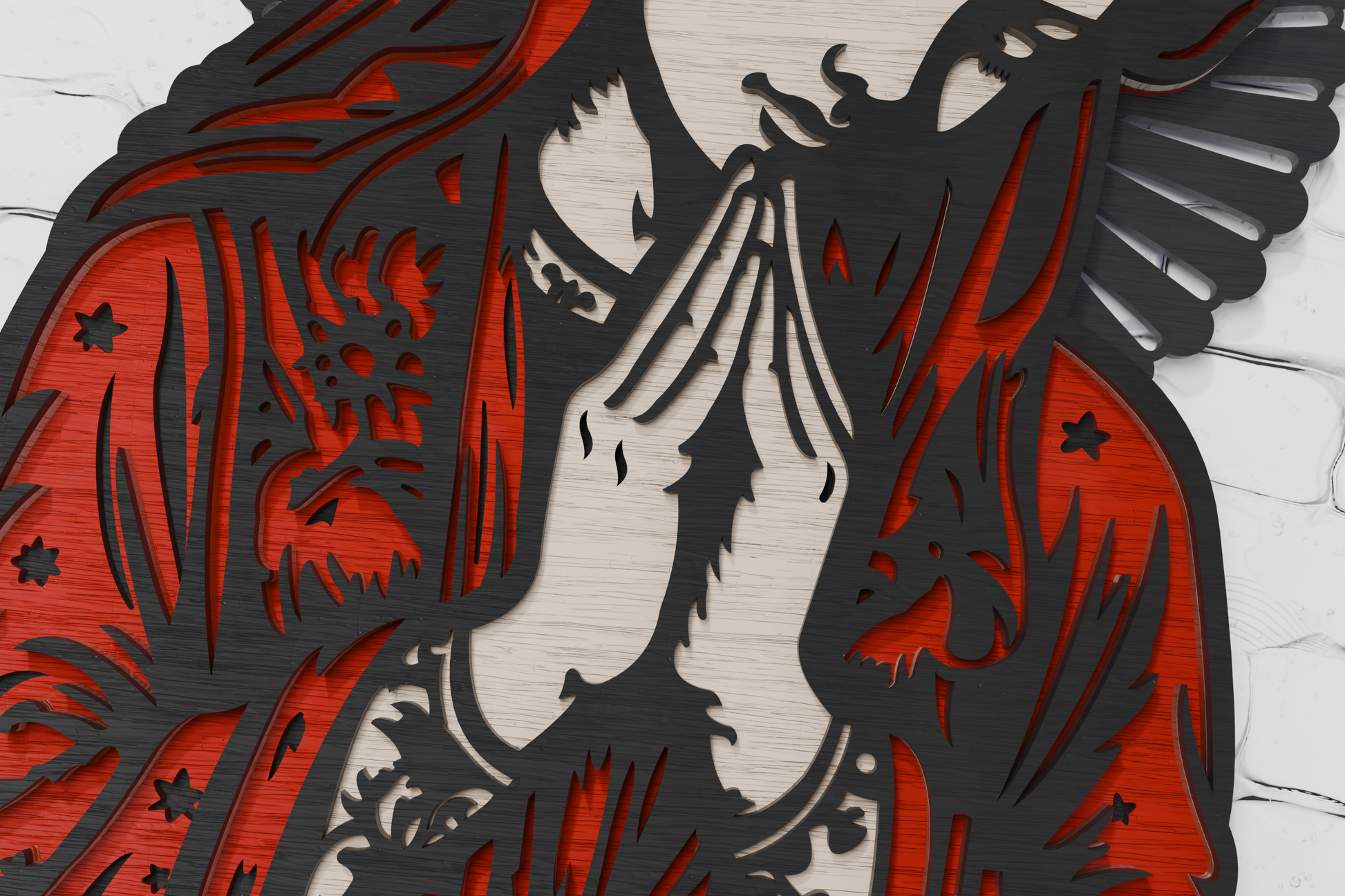 Wood laser cut art praying virgin mary