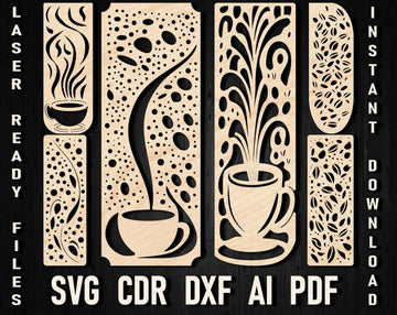 Coffee-Themed Laser Cut Bookmark Set: SVG/DXF Files for Glowforge & Cricut – Versatile Bookmark Template Bundle