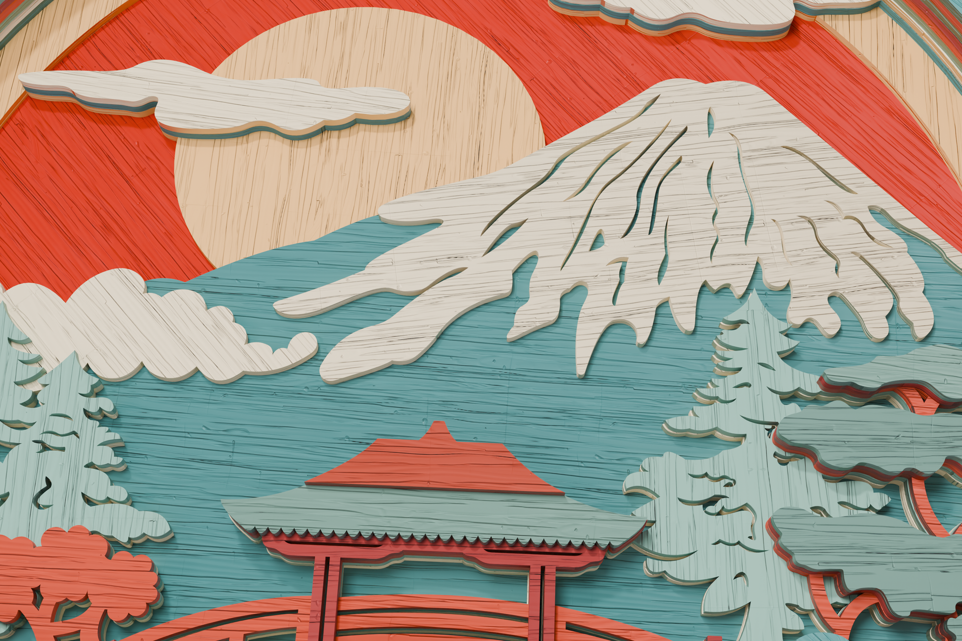 layered Japanese mountain craft template