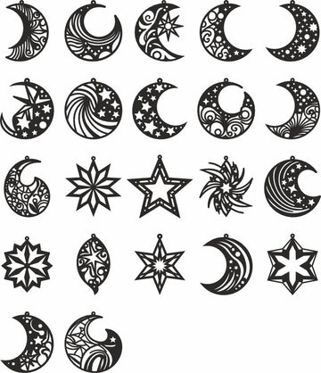 Moon & Stars Laser Cut Earrings SVG/DXF/CDR Bundle – Glowforge, Xtool Templates, Celestial Pendant Projects